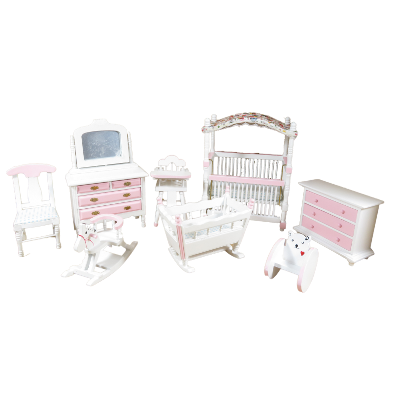 Dolls House Pink & White Nursery Furniture Set 8 Piece Miniature with Canopy Cot