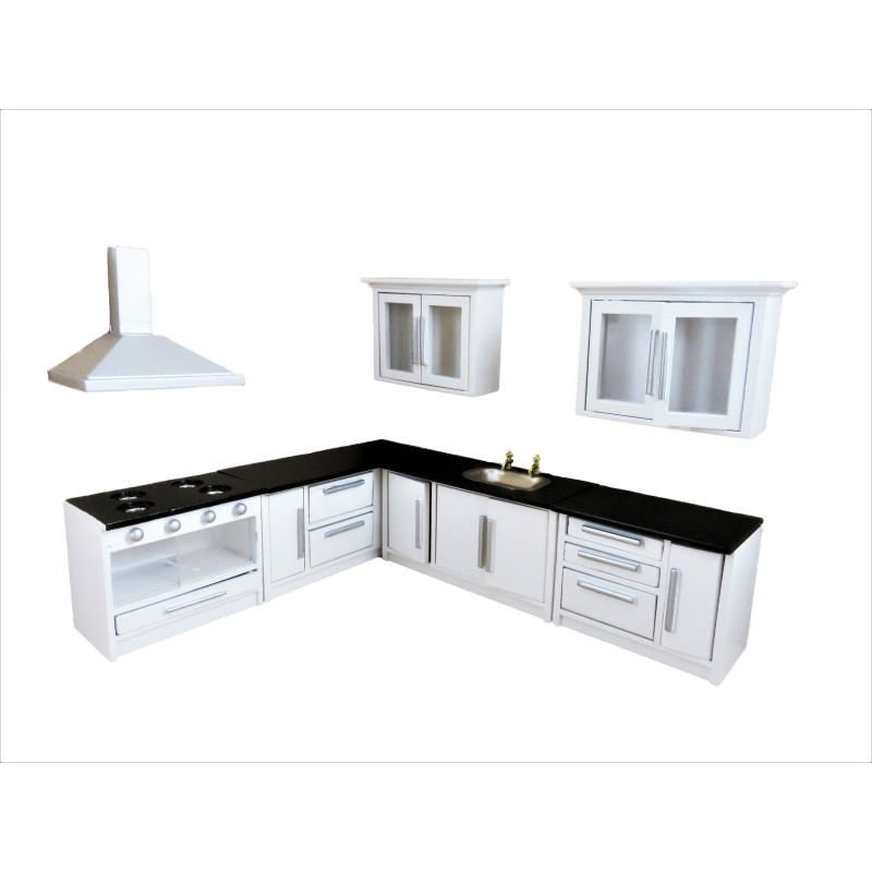 Dolls House Black & White Fitted Kitchen Furniture Set Modern Units and Appliances