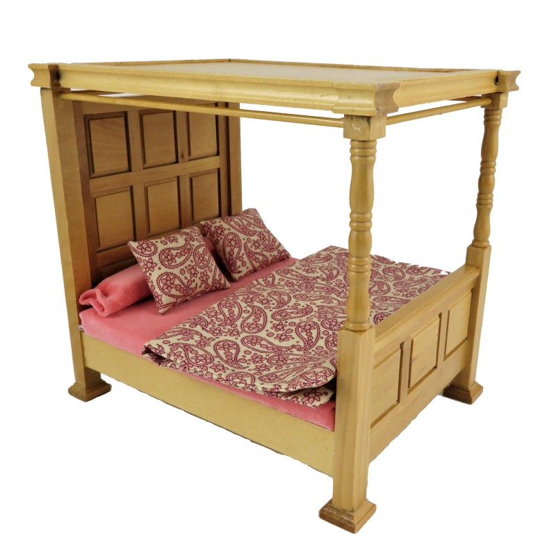 Dolls House Tudor Light Oak Tester Bed 4 Poster with Bedding Bedroom Furniture