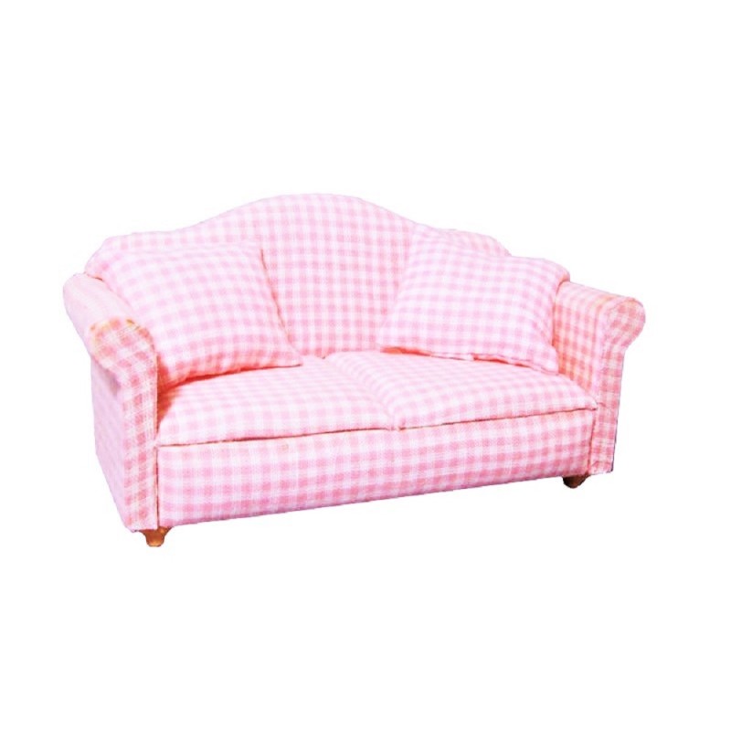 Dolls House Baby Pink Gingham Check Sofa Miniature Modern Living Room Furniture