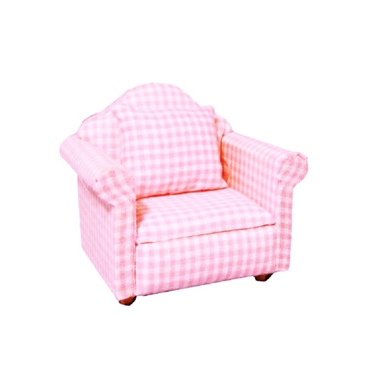 Dolls House Baby Pink Gingham Armchair Miniature Modern Living Room Furniture