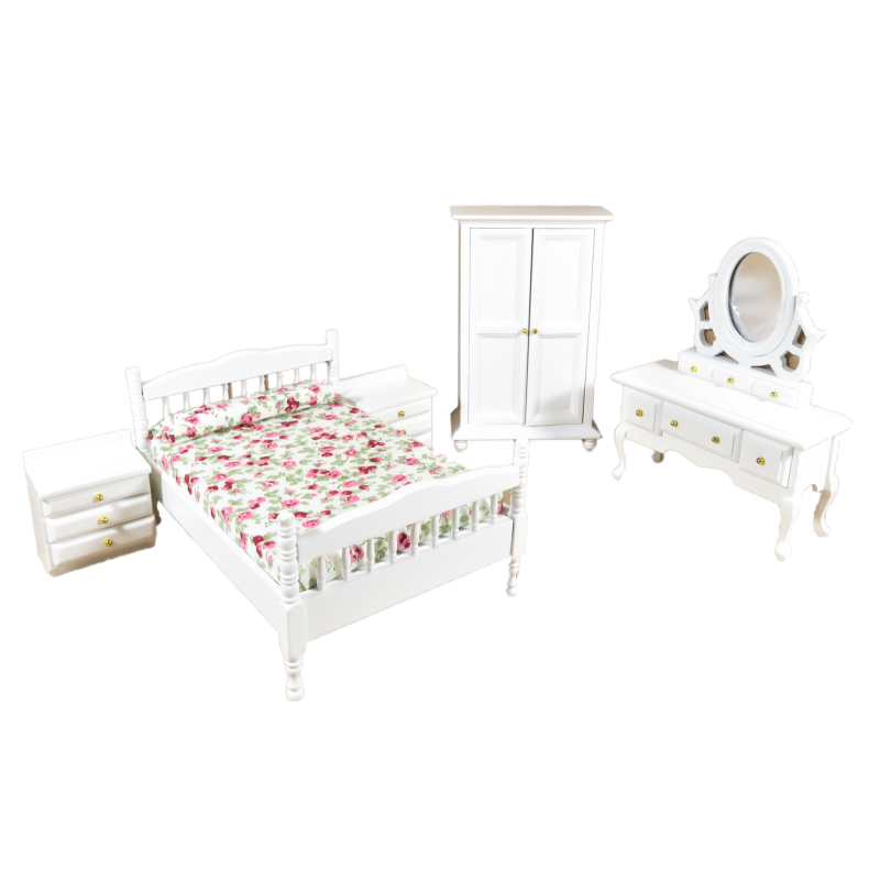 Dolls House White Double Bedroom Furniture Set with Spindle Frame 1:12 Scale