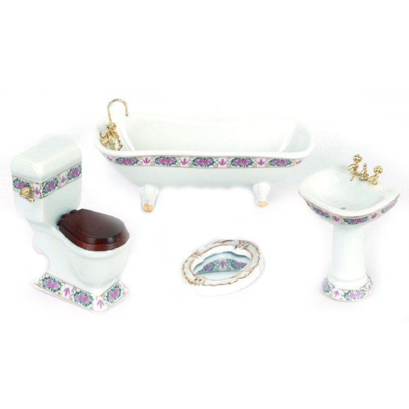 Dolls House White Bathroom Suite with Gold Pink Edging Porcelain Furniture Set