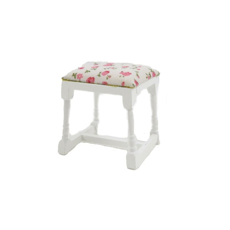 Dolls House White Dressing Table Stool Floral Seat Miniature Bedroom Furniture