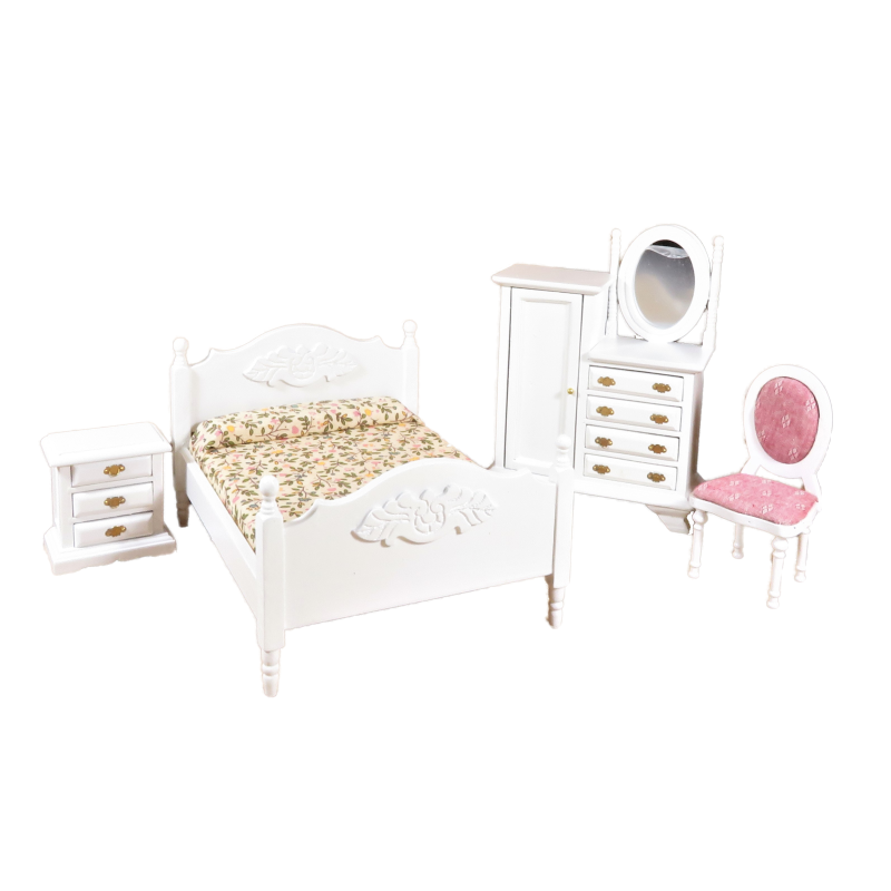 Dolls House White Double Bedroom Furniture Set with Combination Wardrobe 1:12 