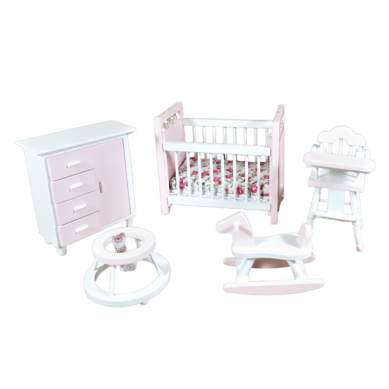 Dolls House Pink & White Nursery Furniture Set Miniature Baby Girl Room