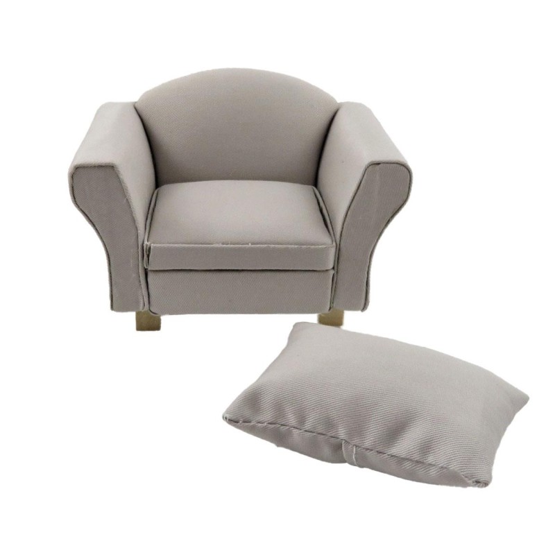 Dolls House Grey Modern Armchair & Cushion Miniature Living Room Furniture