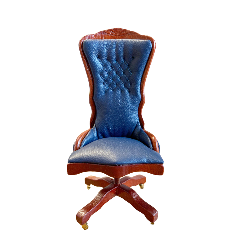 Dolls House Mahogany & Blue Desk Chair Miniature Study Office Furniture