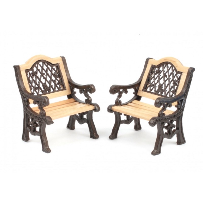 Dolls House 2 Cast Iron & Wood Garden Chairs Miniature Garden Patio Furniture