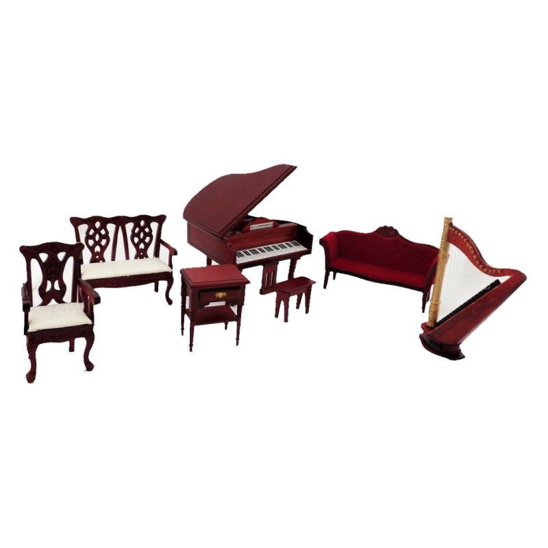 Dolls House Music Room Set with Piano & Harp Mahogany Miniature 1:12 Dolls House Music Room Set with Piano & Harp Mahogany Miniature 1:12