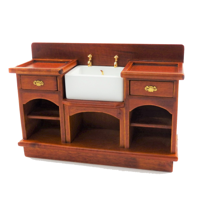 Dolls House Walnut Victorian Belfast Sink Unit 1:12 Miniature Kitchen Furniture 