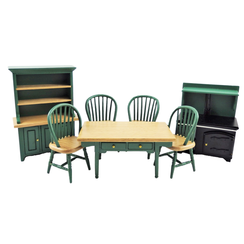 Dolls House Hunter Green Kitchen Dining Furniture Set Wooden 1:12 Scale