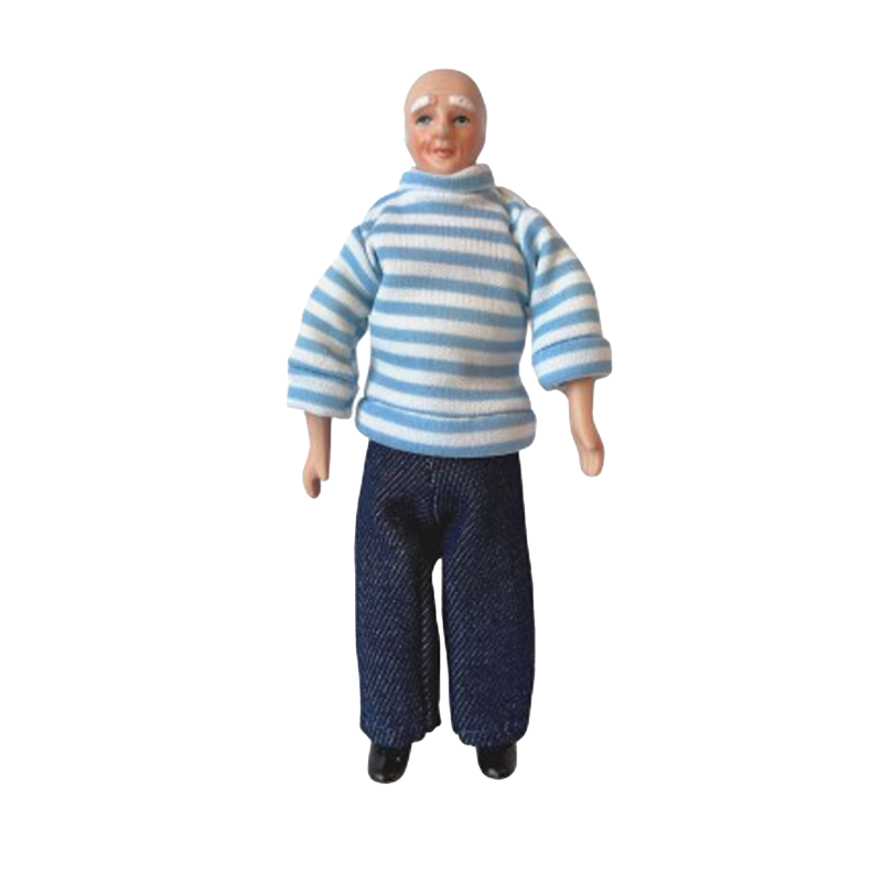 Dolls House Modern Grandfather in Blue Jumper & Jeans Porcelain 1:12 People