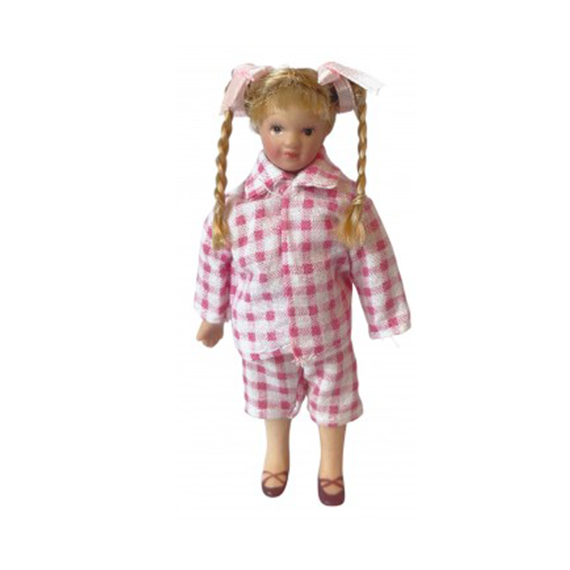 Dolls House Little Girl in Pink & White Pyjamas Porcelain 1:12 Scale People