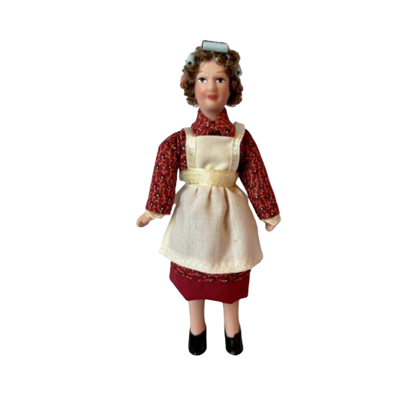 Dolls House Woman in Apron and Curlers Miniature Porcelain 1:12 People 