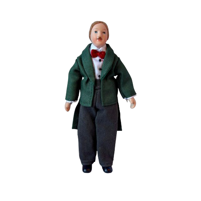 Dolls House Smart Gentleman in Green Jacket & Red Bow Tie Porcelain 1:12 People