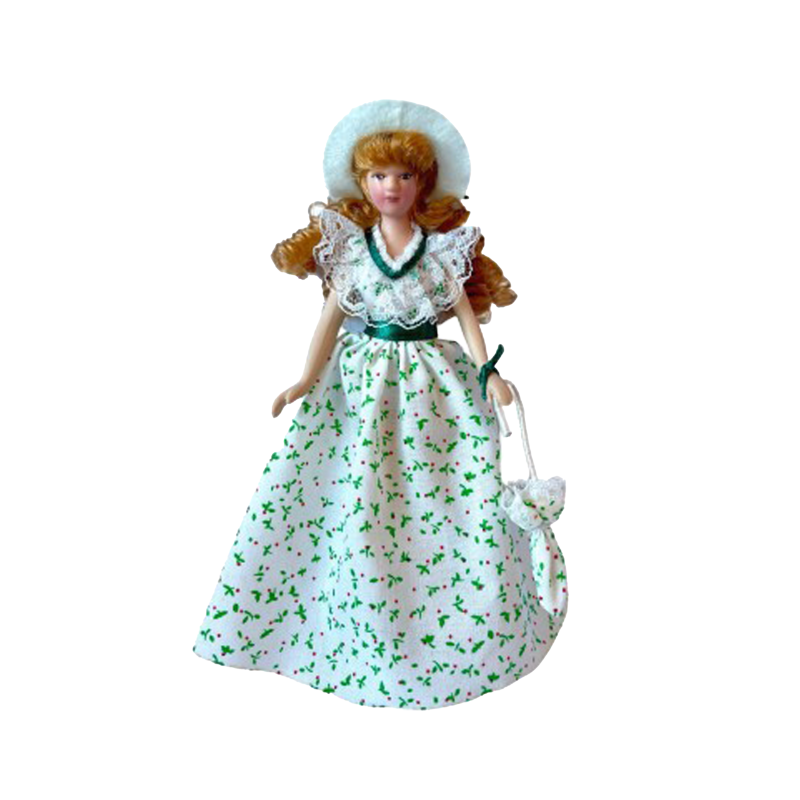  Dolls House Lady in Green & White Holly Dress Miniature Porcelain 1:12 People 