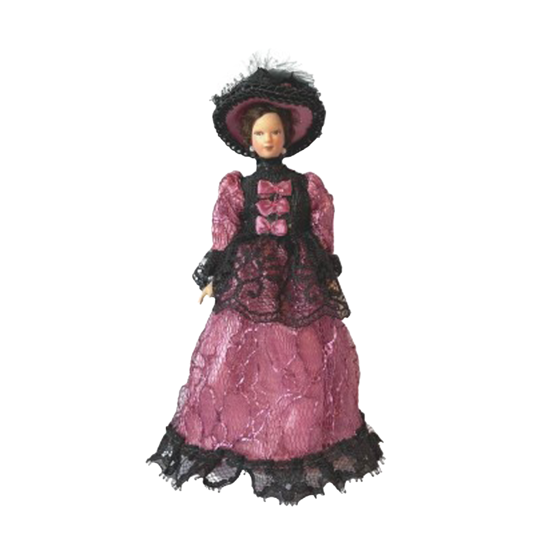 Dolls House Victorian Lady in Purple Gown & Hat Porcelain Woman 1:12 People