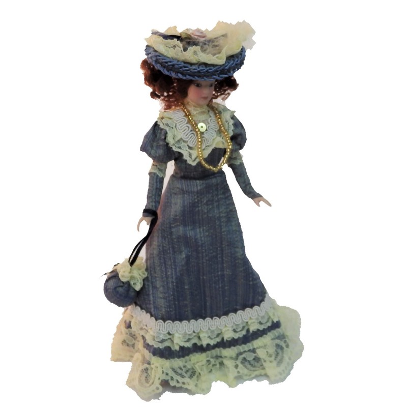 Dolls House Victorian Lady in Blue Outfit Miniature People Porcelain