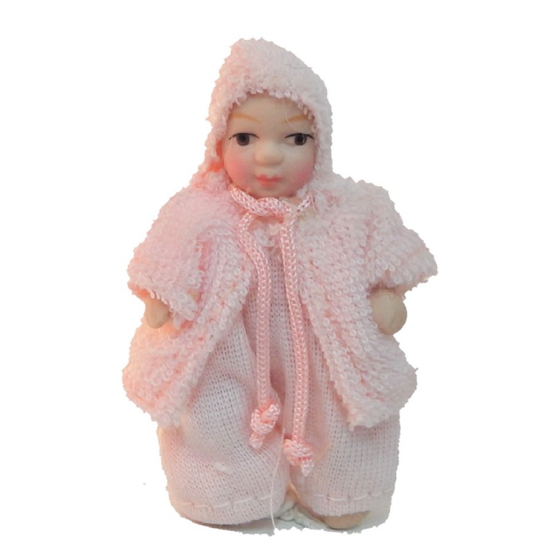 Dolls House Baby Girl in Pink Jacket Miniature 1:12 Porcelain People