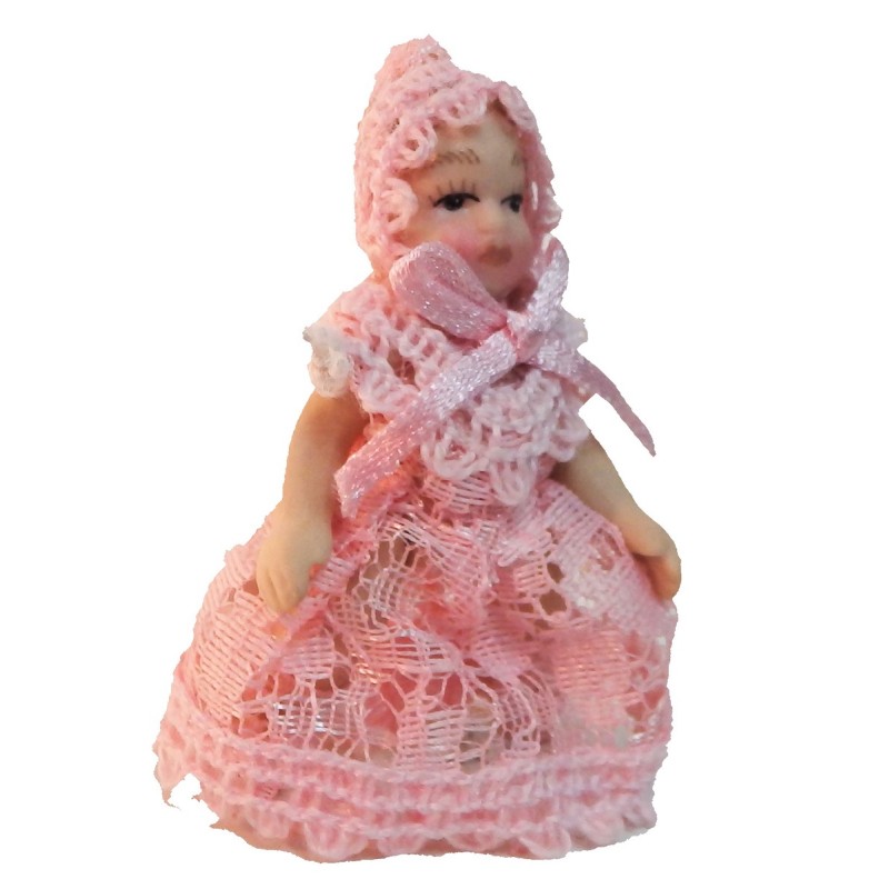 Dolls House Victorian Baby in Pink Lace Miniature Porcelain People