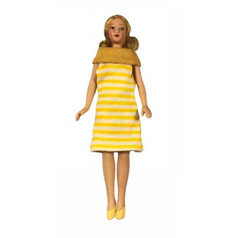 Dolls House Modern Lady in Striped Dress Porcelain Figure Miniature 1:12 Woman