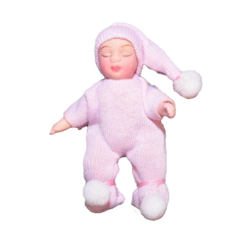 Dolls House Sleeping Baby in Pink Pompom Suit Miniature 1:12 Porcelain People