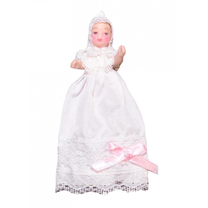 Dolls House Baby in Christening Gown Miniature Victorian Porcelain People Pink
