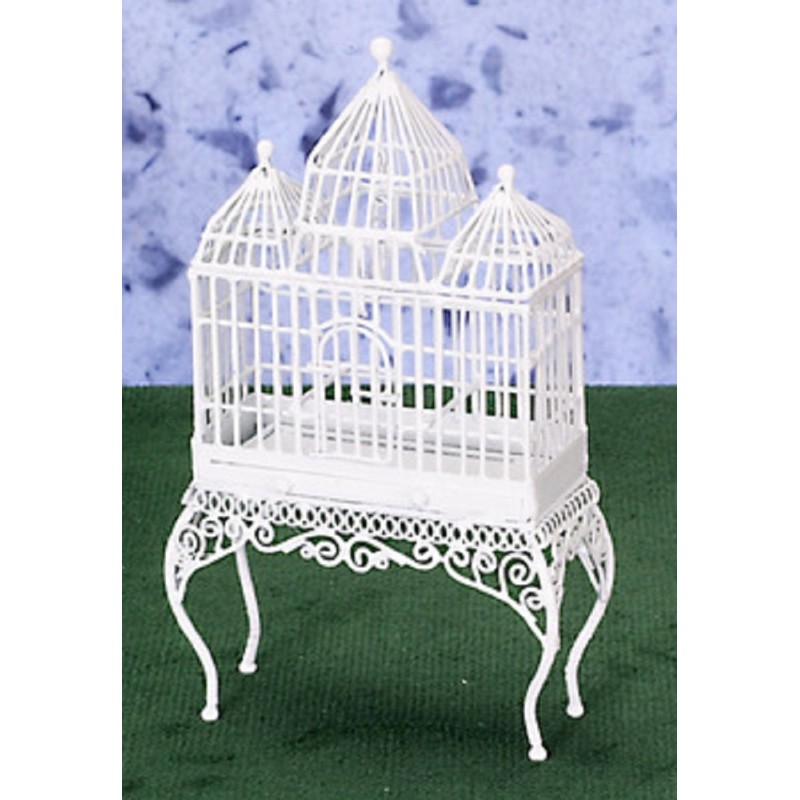 Dolls House White Turret Bird Cage Miniature Pet Accessory Wrought Iron Birdcage