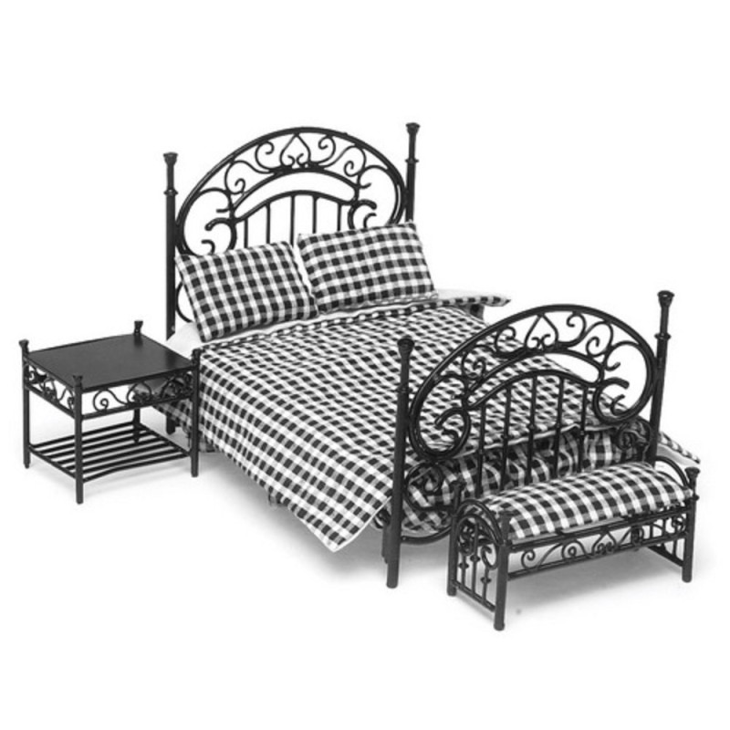 Dolls House Wrought Iron Wire Bedroom Furniture Set with Black & White Bedding