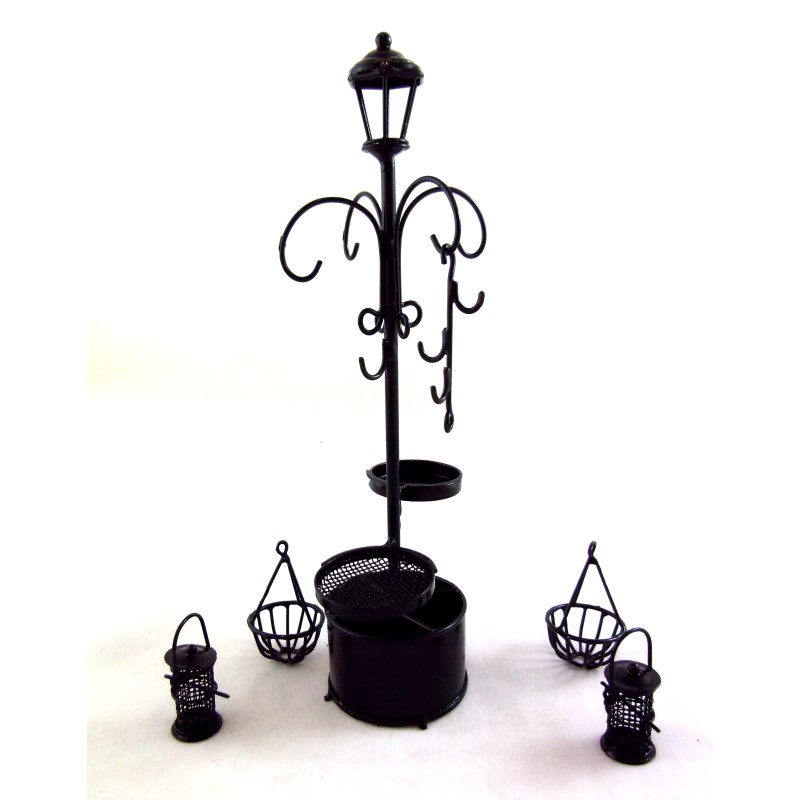 Dolls House Bird Bath Feeder Hanging Basket Stand Black Wire Garden Furniture