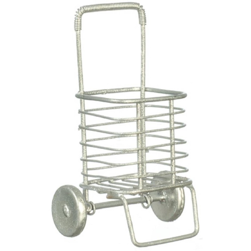 Dolls House 2 Wheel Shopping Trolley Silver Pull Cart Miniature Shop Accessory
