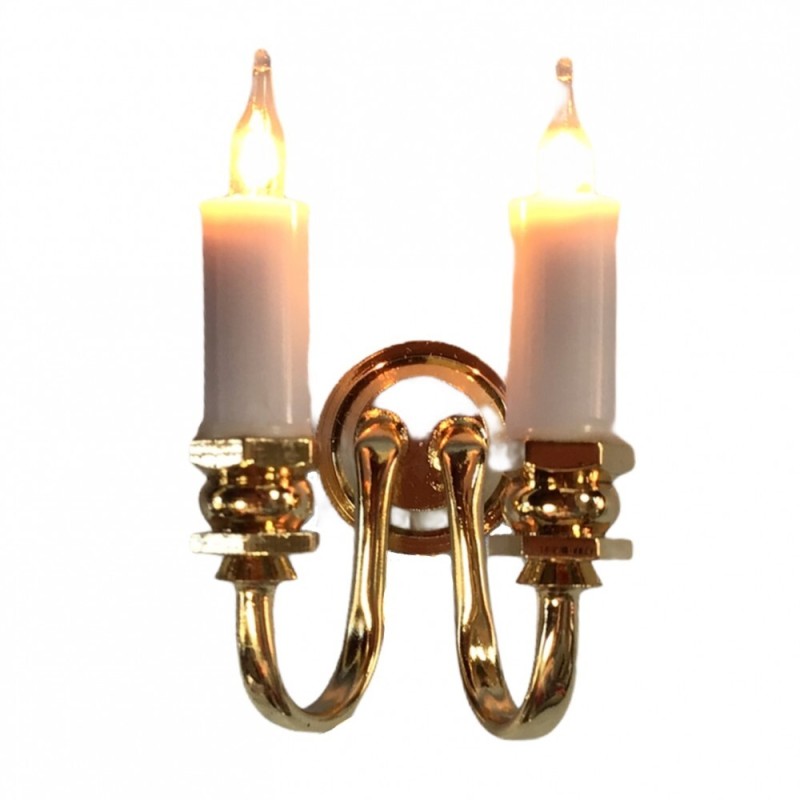 Dolls House Gold Brass Double Candle Wall Light Sconce 12V Electric Lighting
