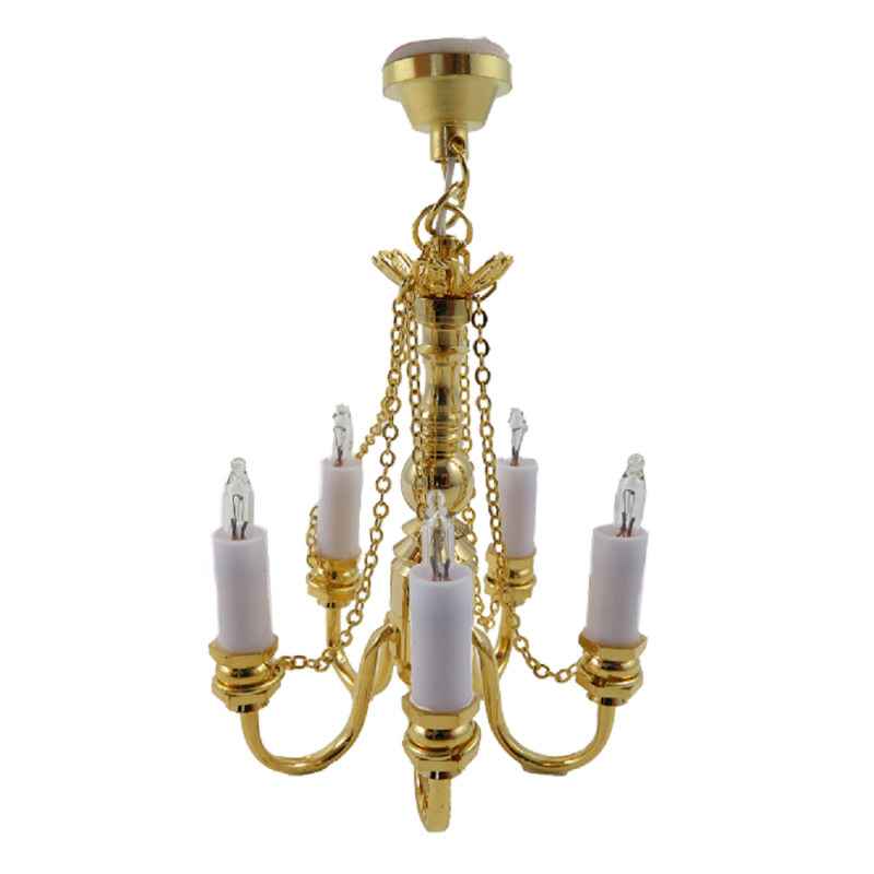 Dolls House Gold 5 Arm Candle Chandelier Brass 12V Electric Ceiling Light 1:12