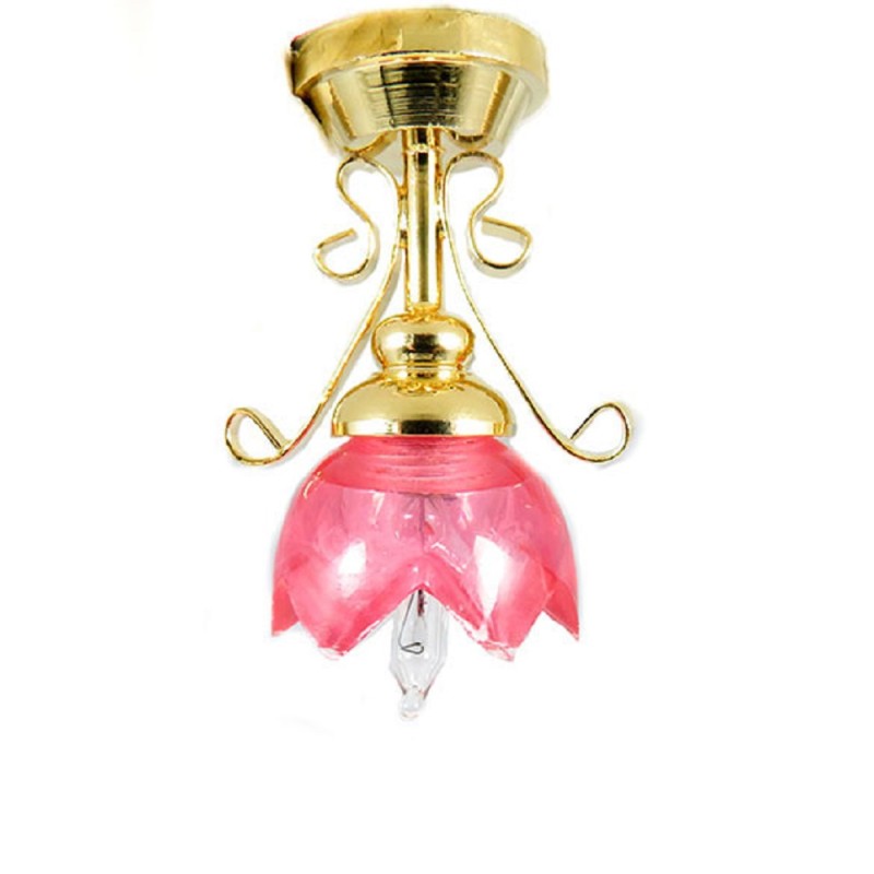 Dolls House Cranberry Shade Gold Filigree Ceiling Light Electric 12V Lighting