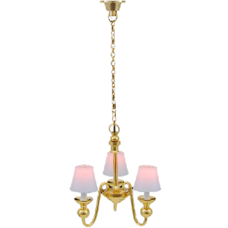 Dolls House 3 Arm Chandelier Classic White UP Shades 12V Electric Ceiling Light
