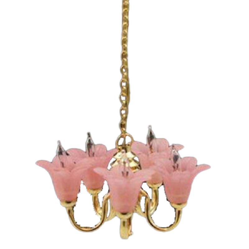 Dolls House 5 Arm Chandelier Cranberry Pink Shades Up Miniature Electric Light 