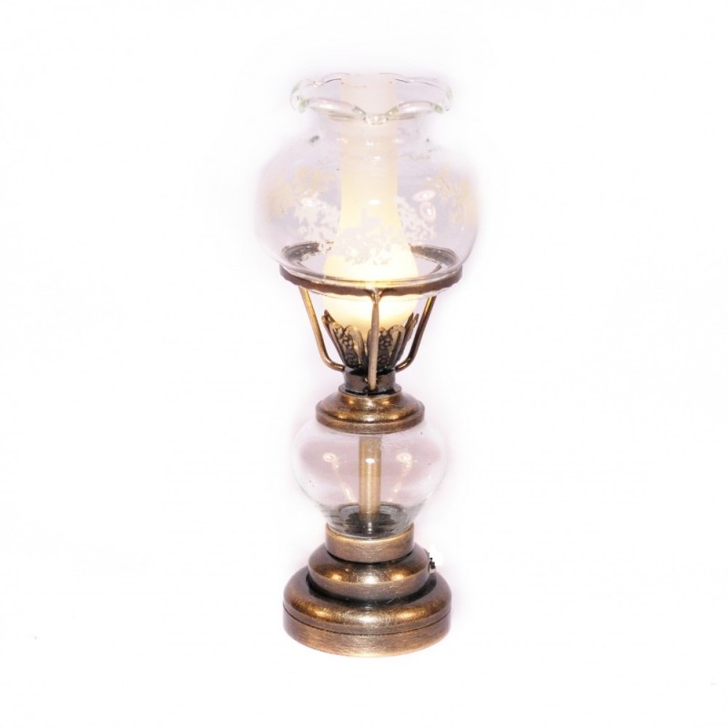 Dolls House Antique Gold Table Lamp Etched Glass Shade 12V Electric Lighting