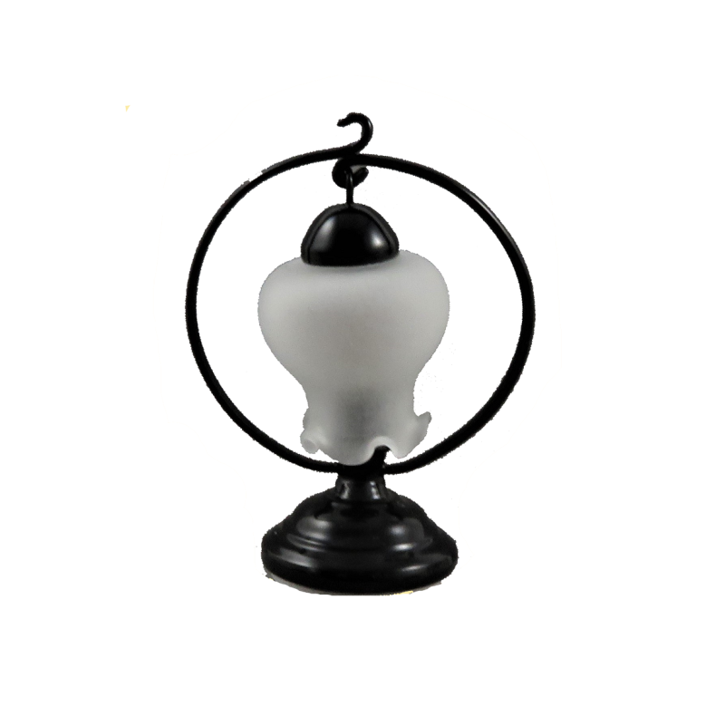 Dolls House Black Table Lamp With Circular Wire & Frosted Shade Electric Light