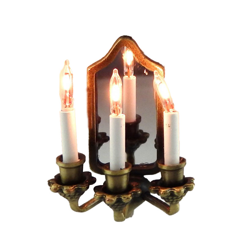 Dolls House Gothic Wall Sconce 3 Candle Mirror Back Light 12V Electric Lighting
