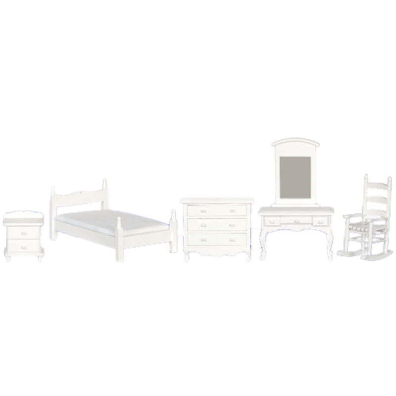 Dolls House White Wood Single Bedroom Furniture Set Miniature with Rocking Chair