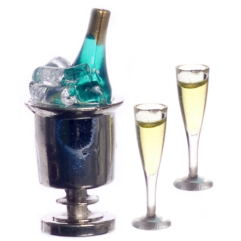 Dolls House Champagne on Ice in Silver Bucket & 2 Full Glasses