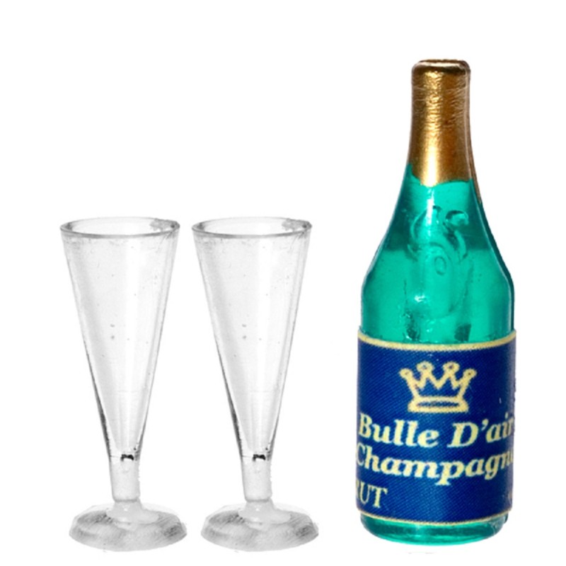 Dolls House Champagne Bottle & 2 Flutes Miniature Bar Pub Dining Room Accessory