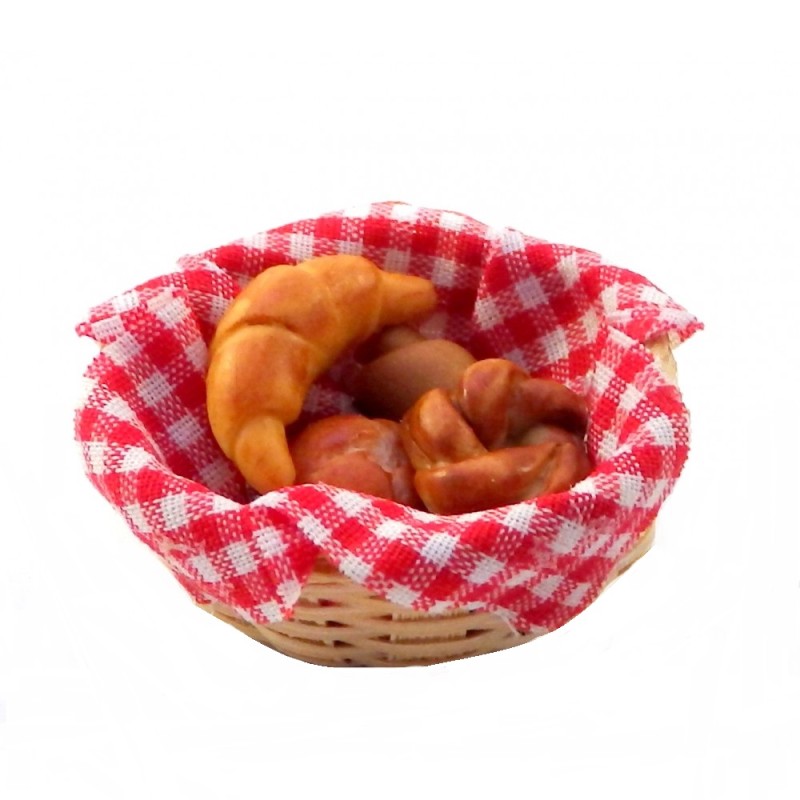 Dolls House Basket of Croissants & Rolls on Red Gingham Miniature 1:12 Accessory