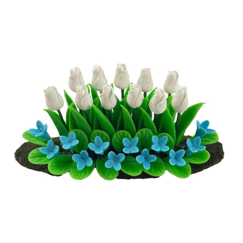Dolls House White Tulips Flowers in Ground Grass Miniature 1:12 Garden Accessory