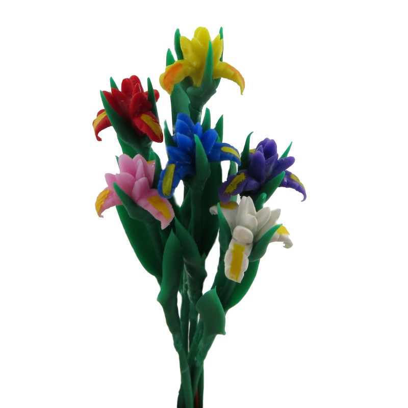 Dolls House 6 Iris Flowers on Stems Miniature Garden Vase Accessory 1:12