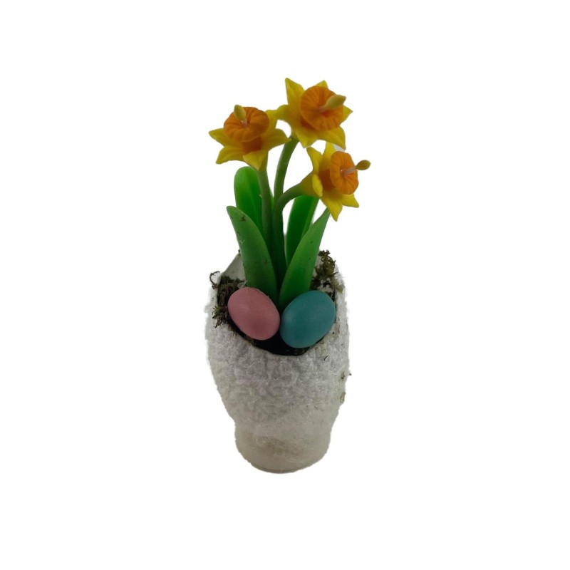 Dolls House Daffodils in White Egg Shape Vase Miniature Flowers Decor Accessory