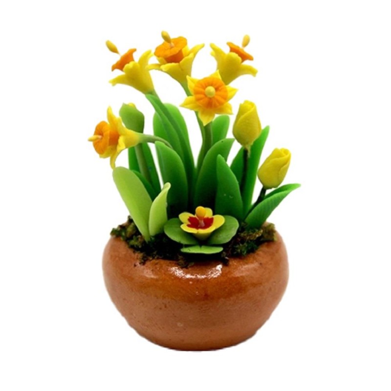 Dolls House Yellow Daffodils in Stone Pot Miniature Flower Garden Decor Accessory