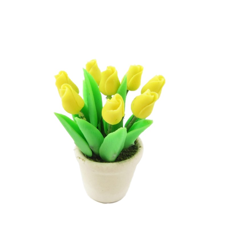 Dolls House Yellow Tulips in Cream Plant Pot Miniature Home or Garden Accessory