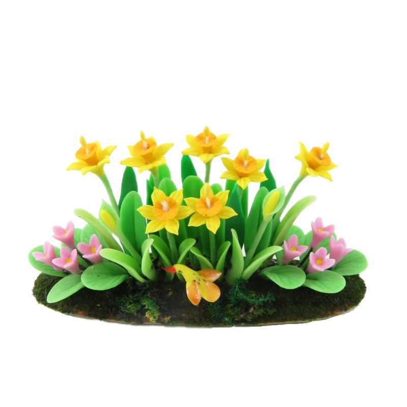 Dolls House Daffodils & Polyanthus Flowers in Ground Soil Grass Garden Accessory